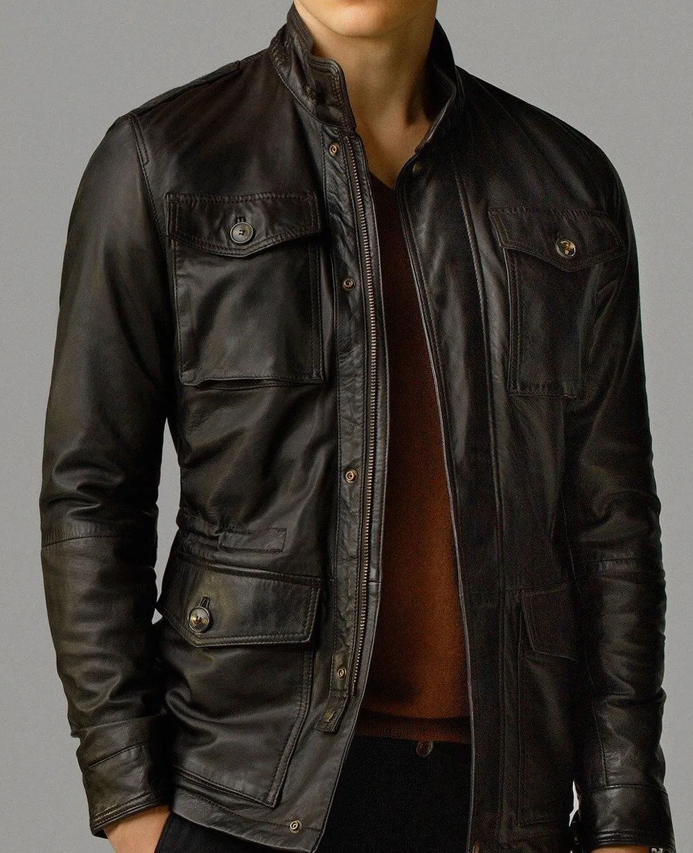 Azim Real Leather Jacket Men Brown Biker Motorcycle Genuine