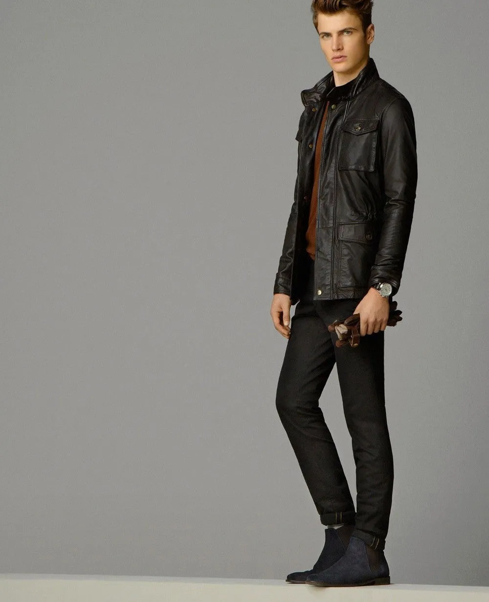Azim Real Leather Jacket Men Brown Biker Motorcycle Genuine