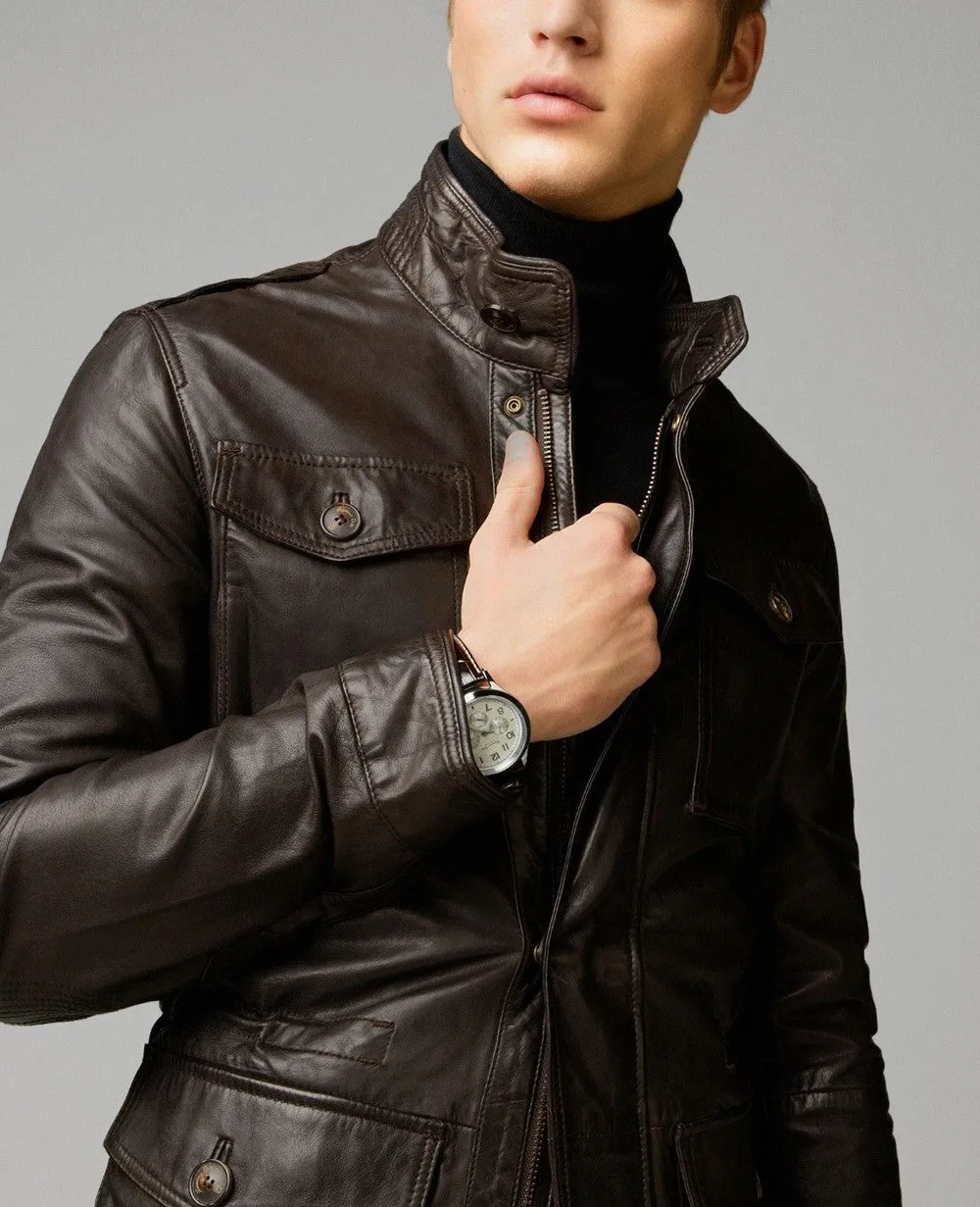 Azim Real Leather Jacket Men Brown Biker Motorcycle Genuine