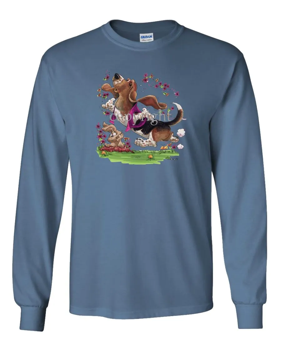 Basset Hound - Purple Vest Dancing In Flowers - Caricature - Long Sleeve T-Shirt