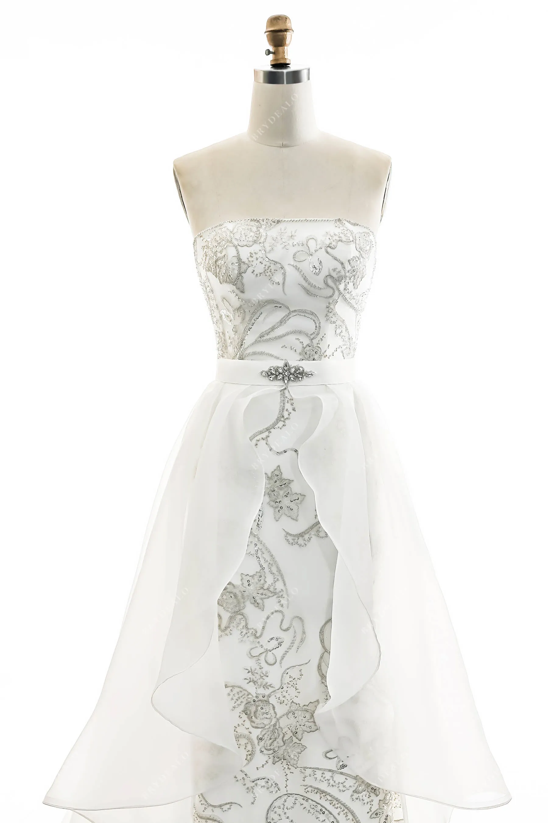 Beaded Lace Strapless Whimsical Overksirt Wedding Dress