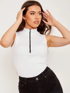 Becka Thick Ribbed Zip Detail Bodysuit In White
