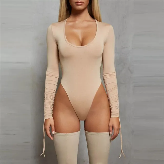 Beige O-Neck Drawstring Bodysuit