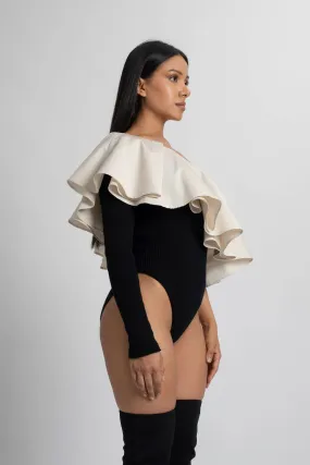 BICOLOR ONE-SHOULDER BODYSUIT WITH RUFFLE