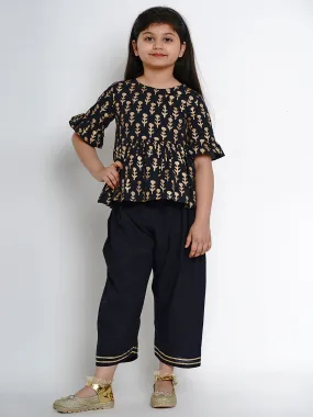 Bitiya By Bhama Girls Navy Blue Printed Kurti With Pants