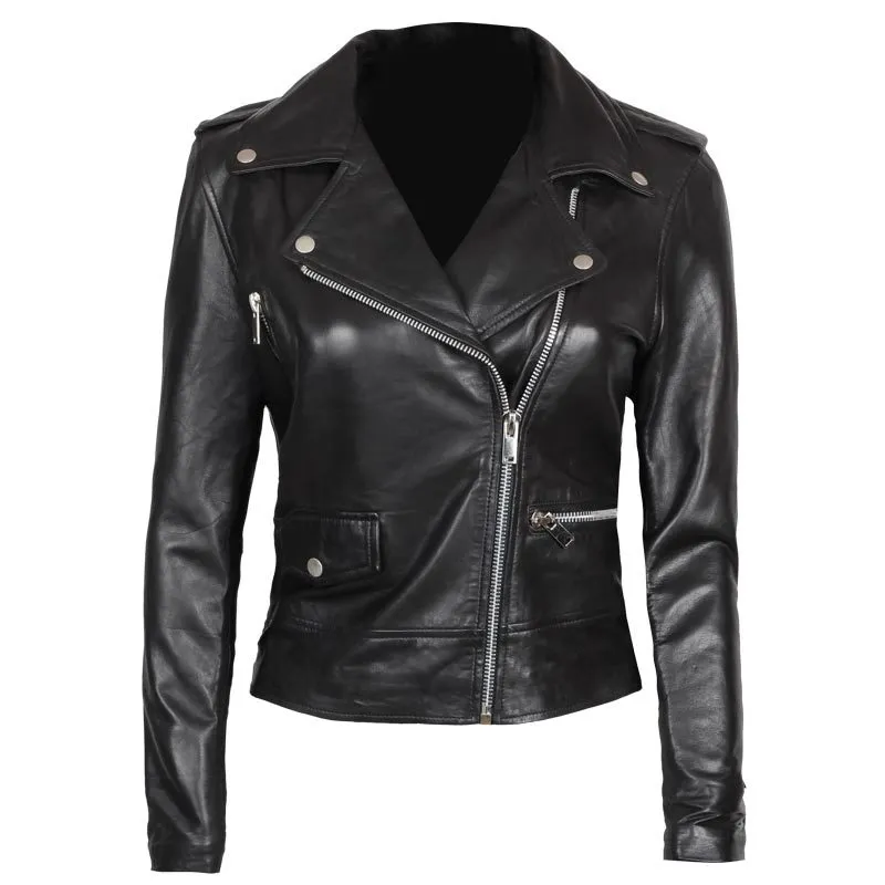Black Biker women's real leather jackets