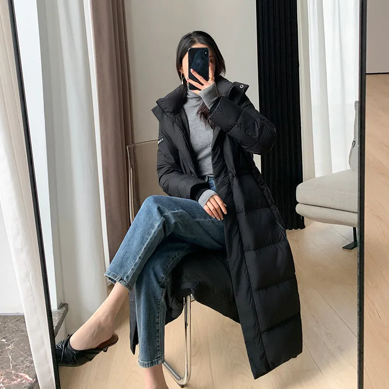 Black Hooded Down Mid-Length Coat