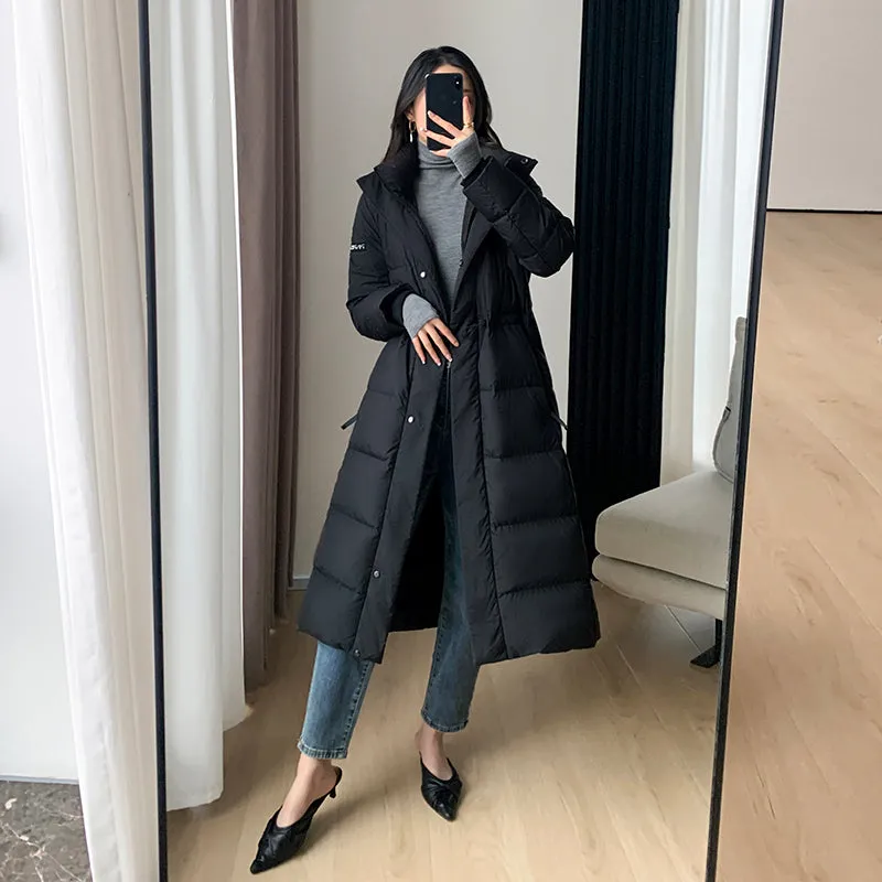 Black Hooded Down Mid-Length Coat