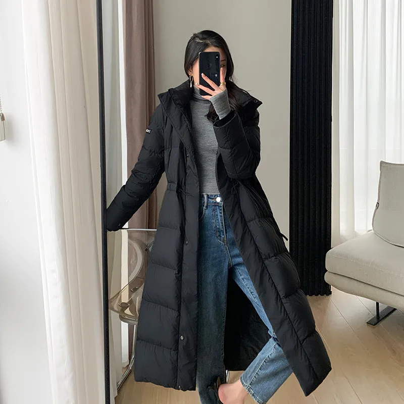 Black Hooded Down Mid-Length Coat