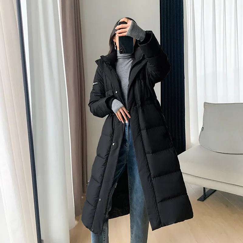 Black Hooded Down Mid-Length Coat