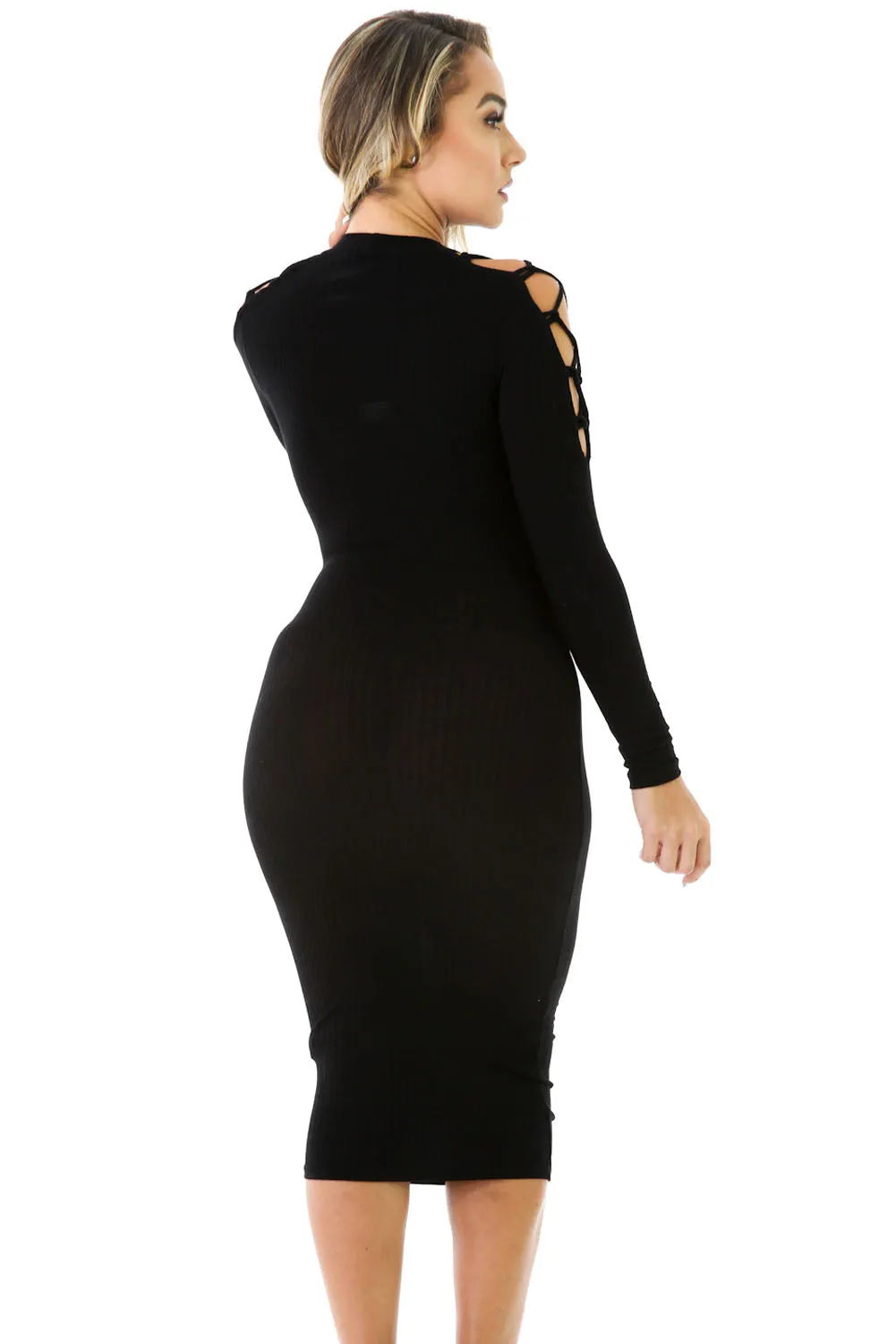 Black Netty Cold Should Rib Knit Midi Dress