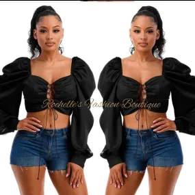 BLACK SATIN LACE UP FRONT PUFF L/S