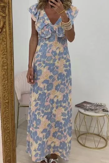 Blue Print Sleeveless Elegant Dress