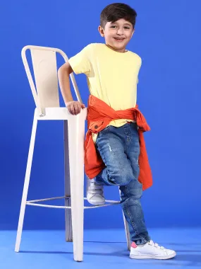 BOYS MID BLUE DENIM CASUAL JOGGERS WITH ORANGE WAISTBAND