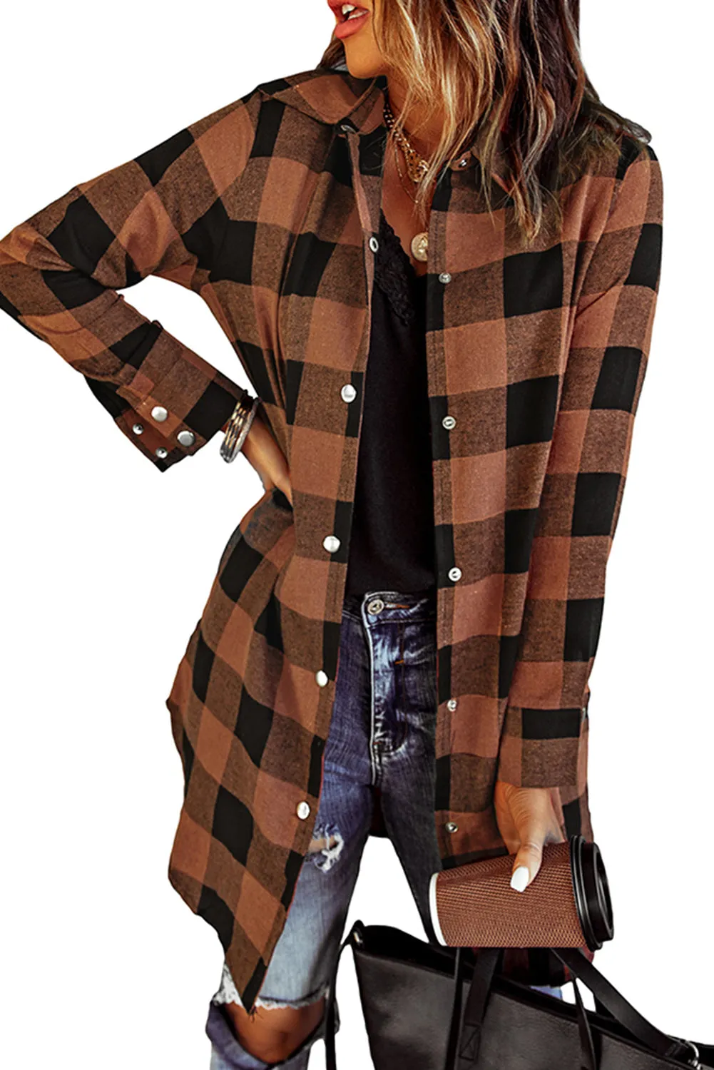 Brown Turn-down Collar Plaid Shirt Coat From MsDressly