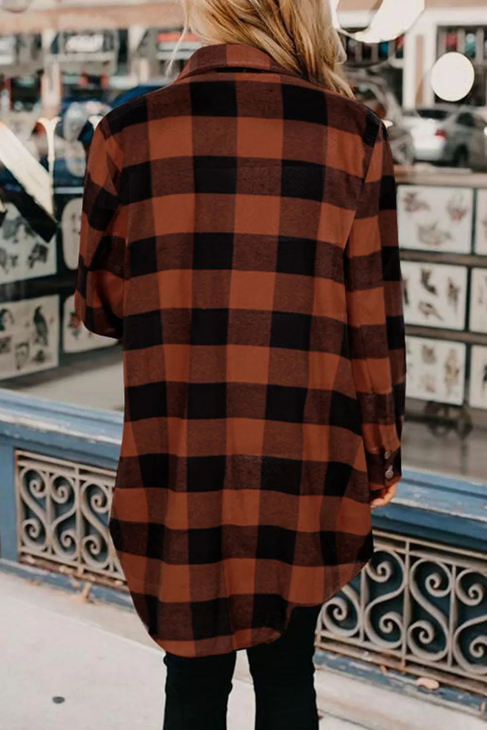 Brown Turn-down Collar Plaid Shirt Coat From MsDressly