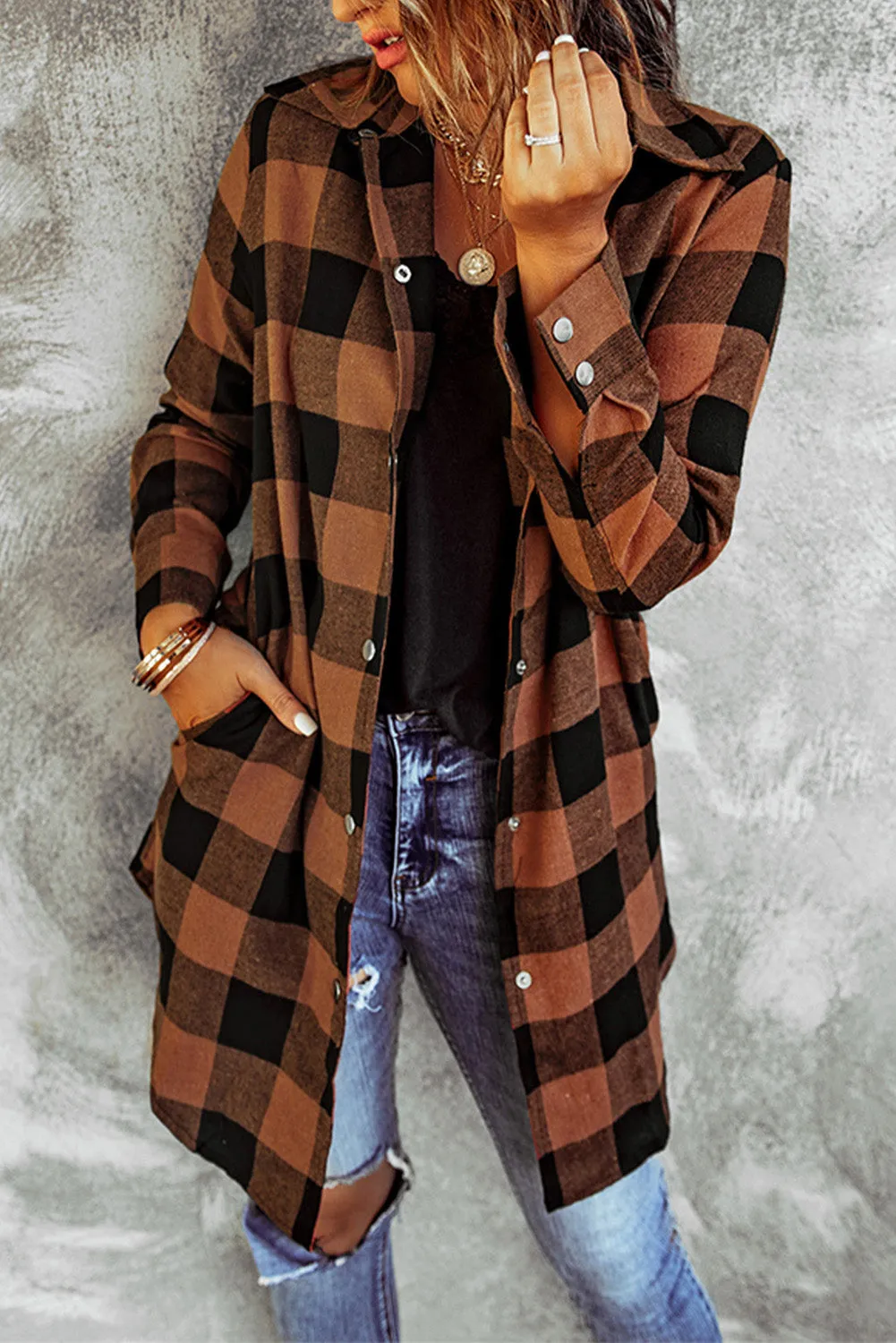 Brown Turn-down Collar Plaid Shirt Coat From MsDressly