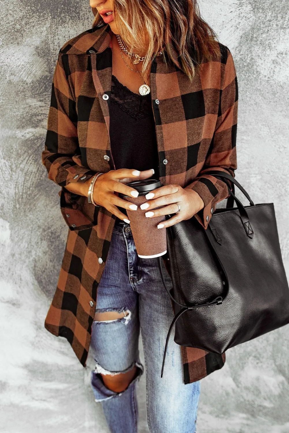 Brown Turn-down Collar Plaid Shirt Coat From MsDressly