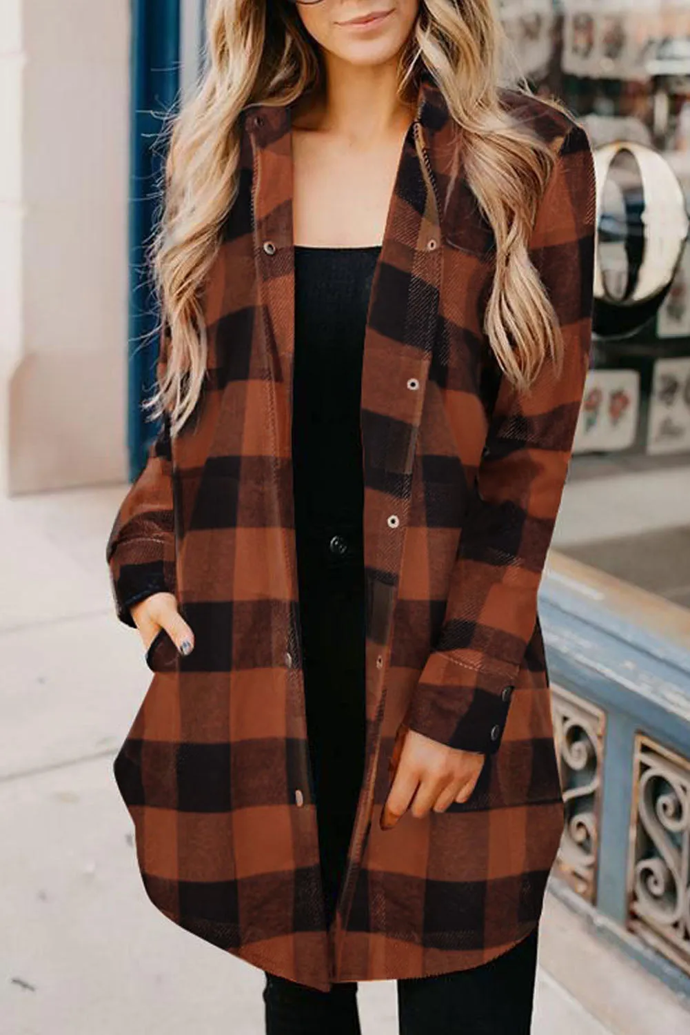Brown Turn-down Collar Plaid Shirt Coat From MsDressly