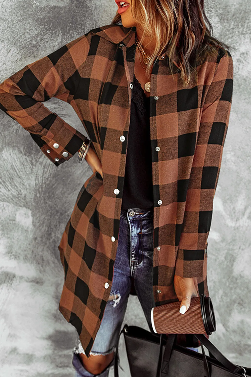 Brown Turn-down Collar Plaid Shirt Coat From MsDressly