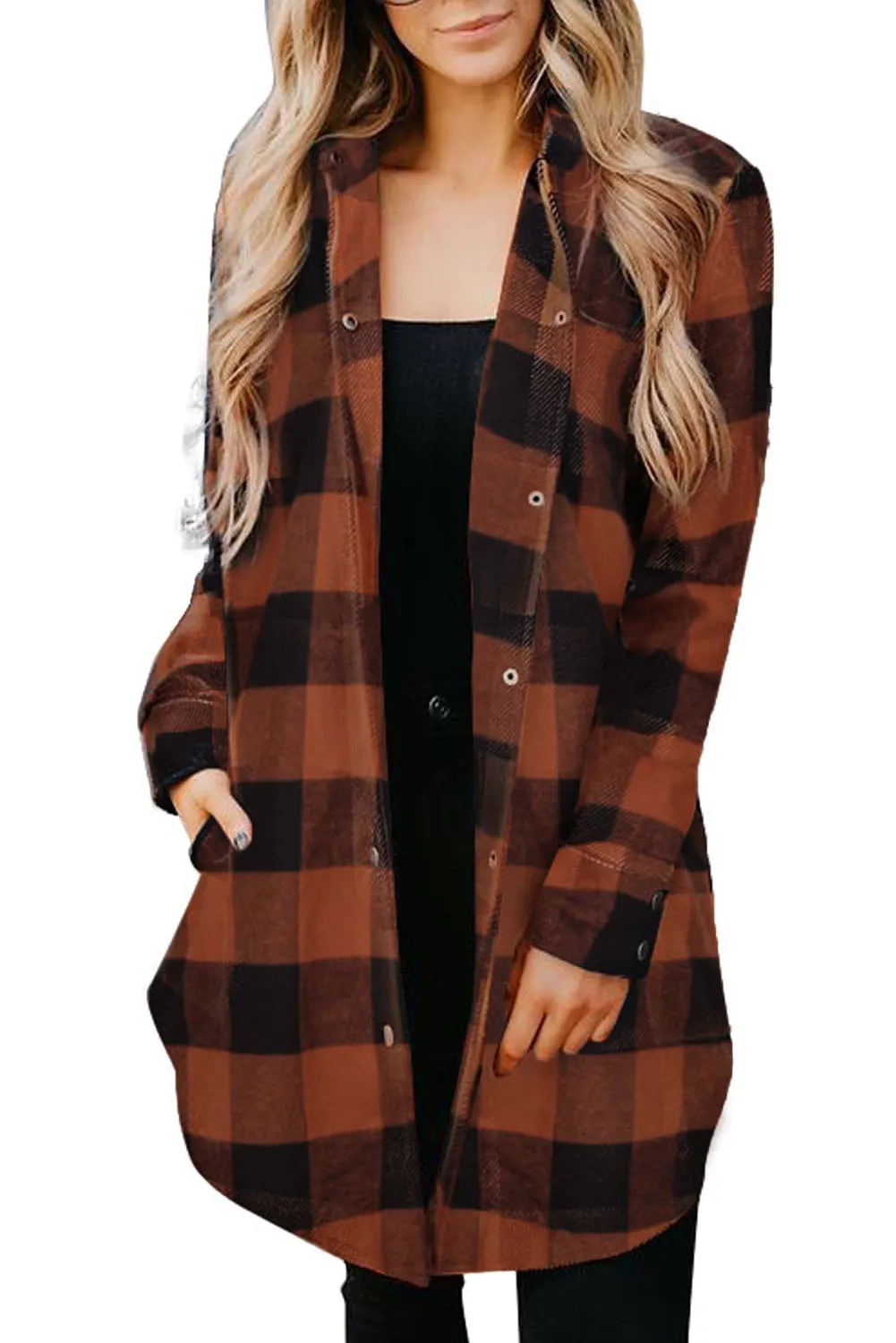 Brown Turn-down Collar Plaid Shirt Coat From MsDressly