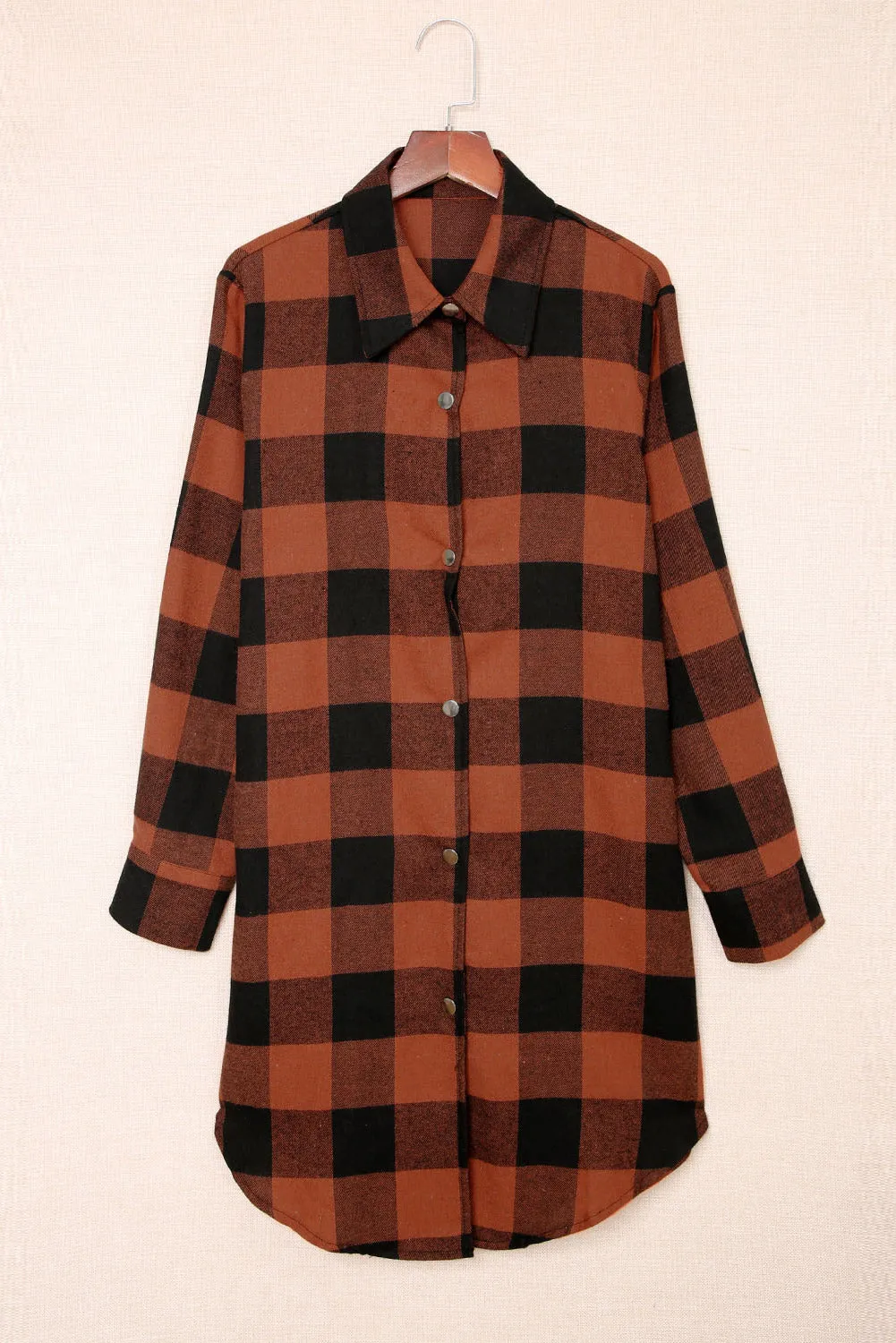 Brown Turn-down Collar Plaid Shirt Coat From MsDressly