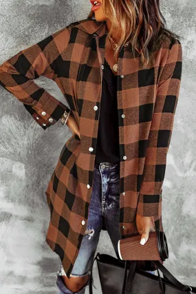 Brown Turn-down Collar Plaid Shirt Coat From MsDressly