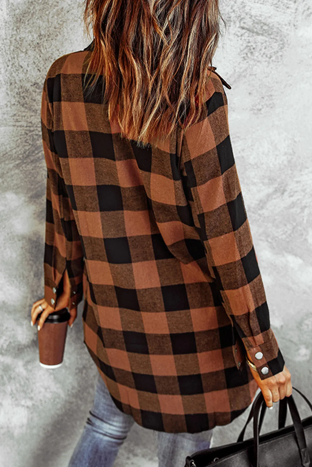 Brown Turn-down Collar Plaid Shirt Coat From MsDressly