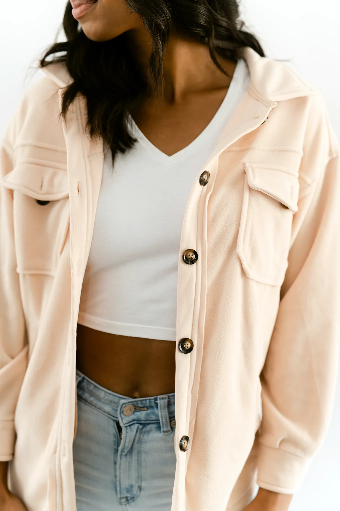 Button-Up Fleece Shacket- Beige