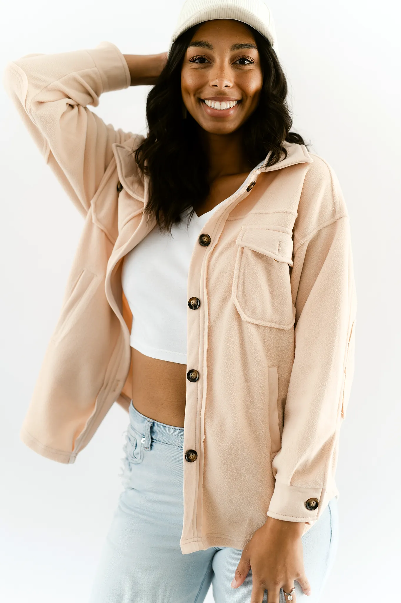 Button-Up Fleece Shacket- Beige