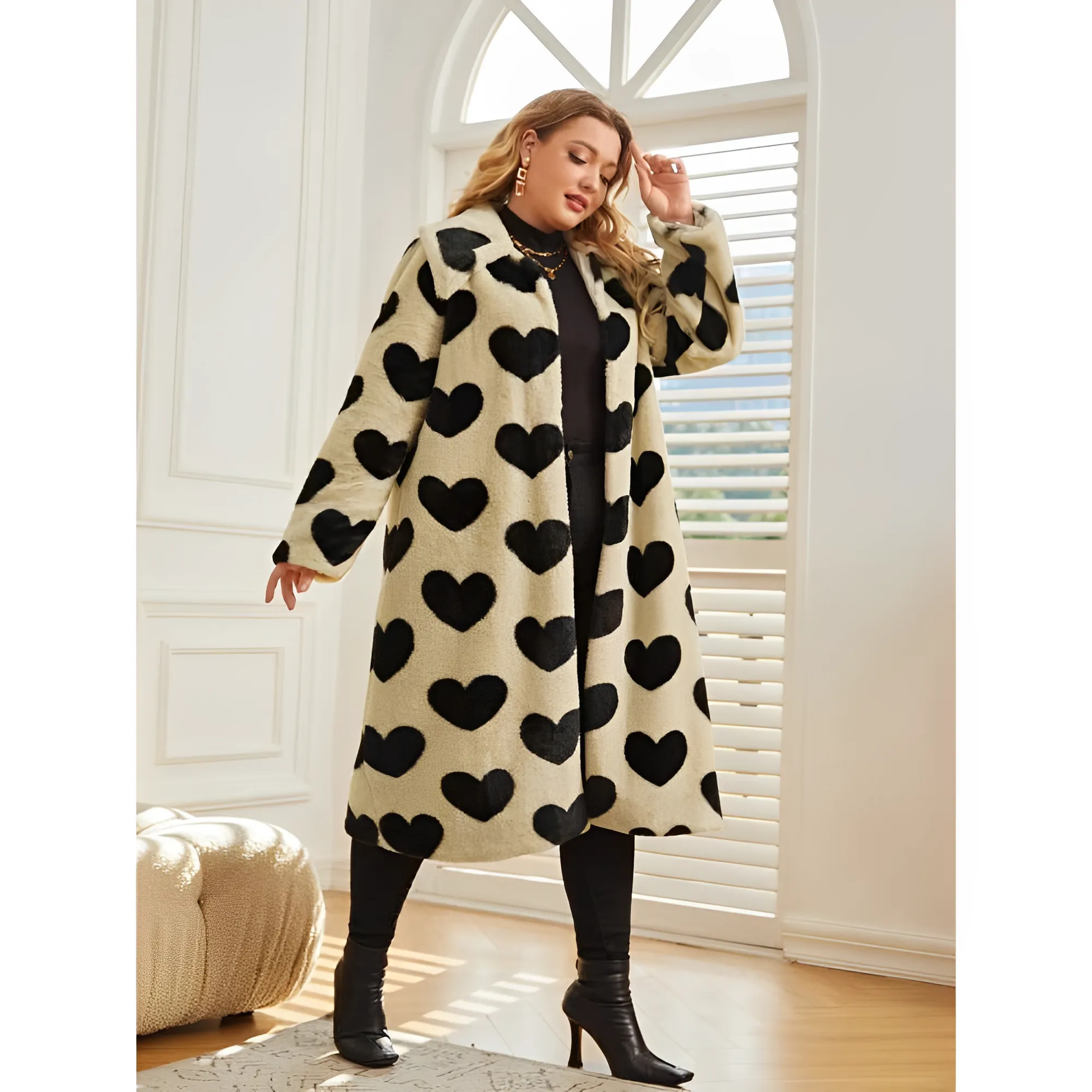 Classic Heart Print Fur Coat
