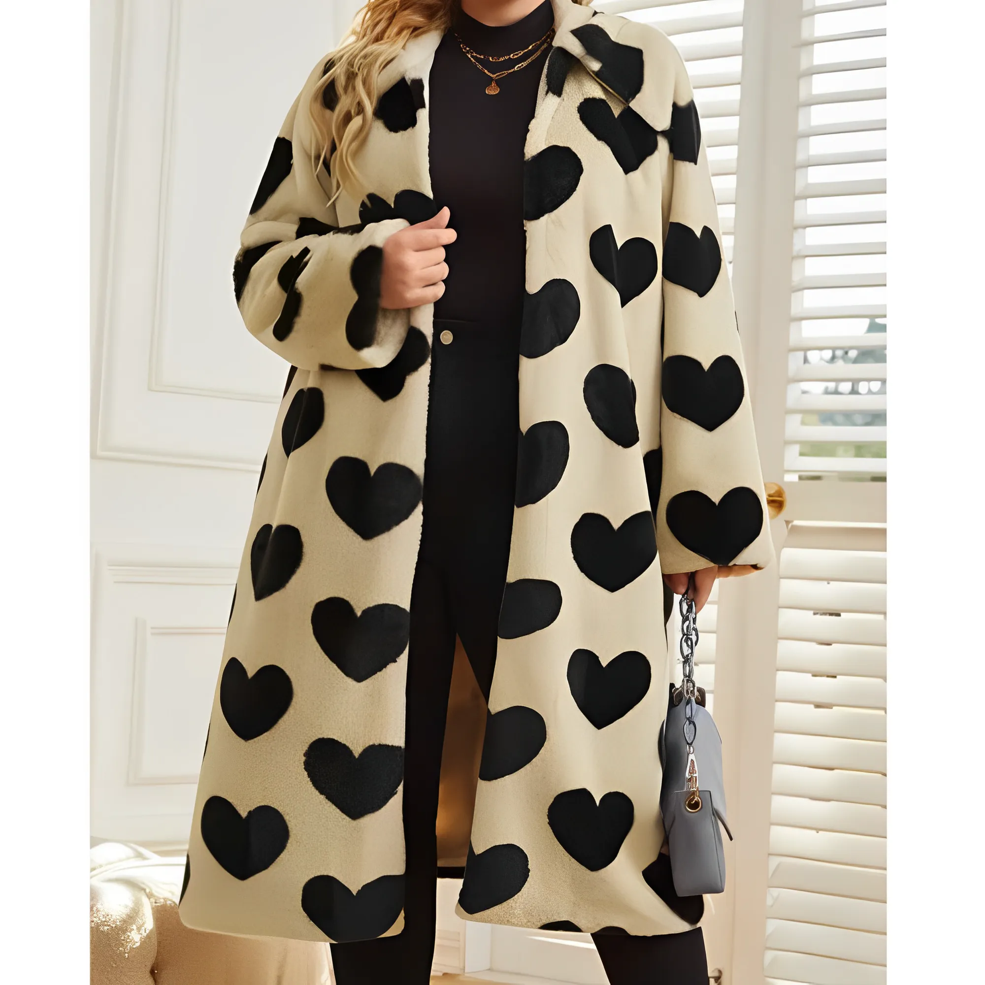 Classic Heart Print Fur Coat