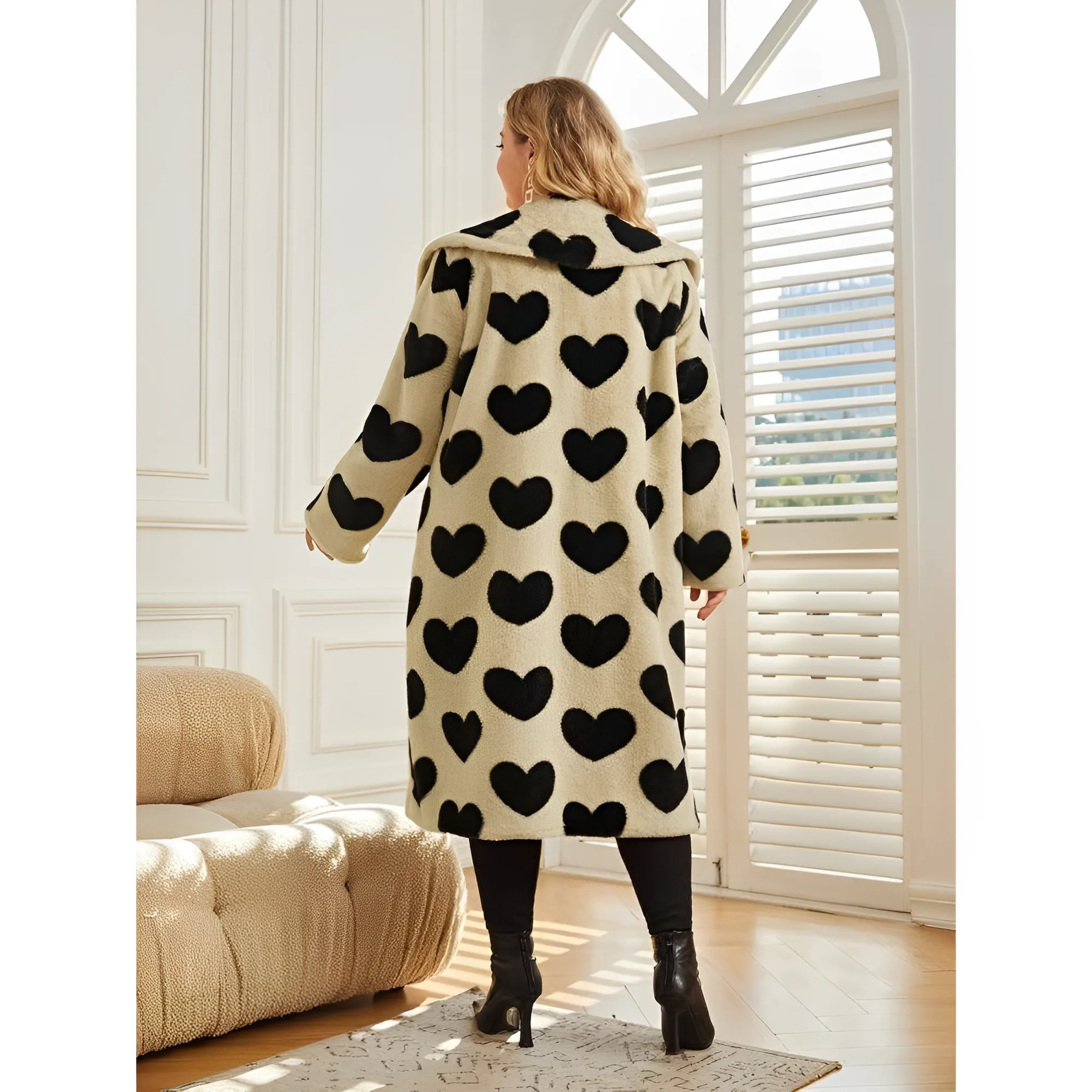 Classic Heart Print Fur Coat