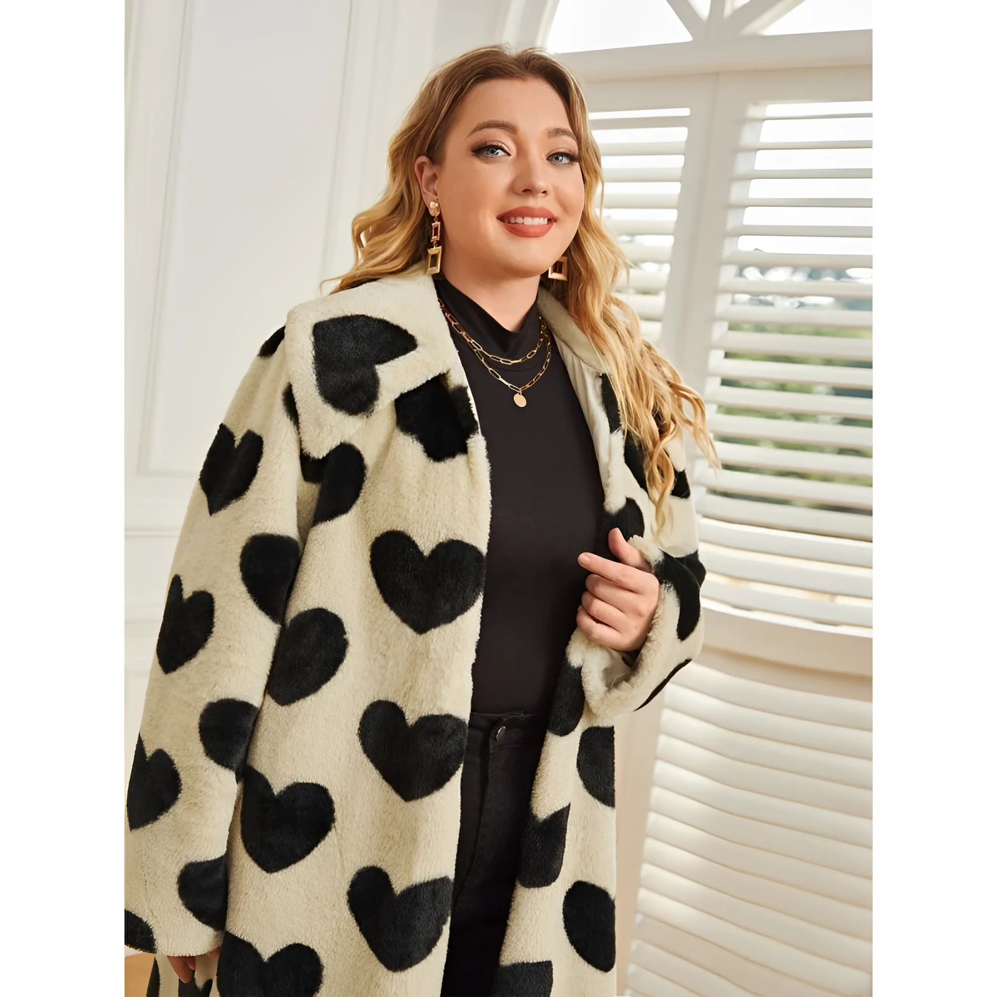 Classic Heart Print Fur Coat