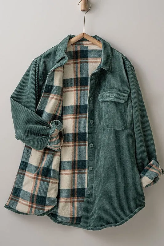 Corduroy and Plaid Reversible Shacket