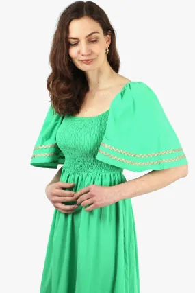 Cotton Milkmaid Shirred Maxi Dress with Trimmed Bell Sleeves in Green