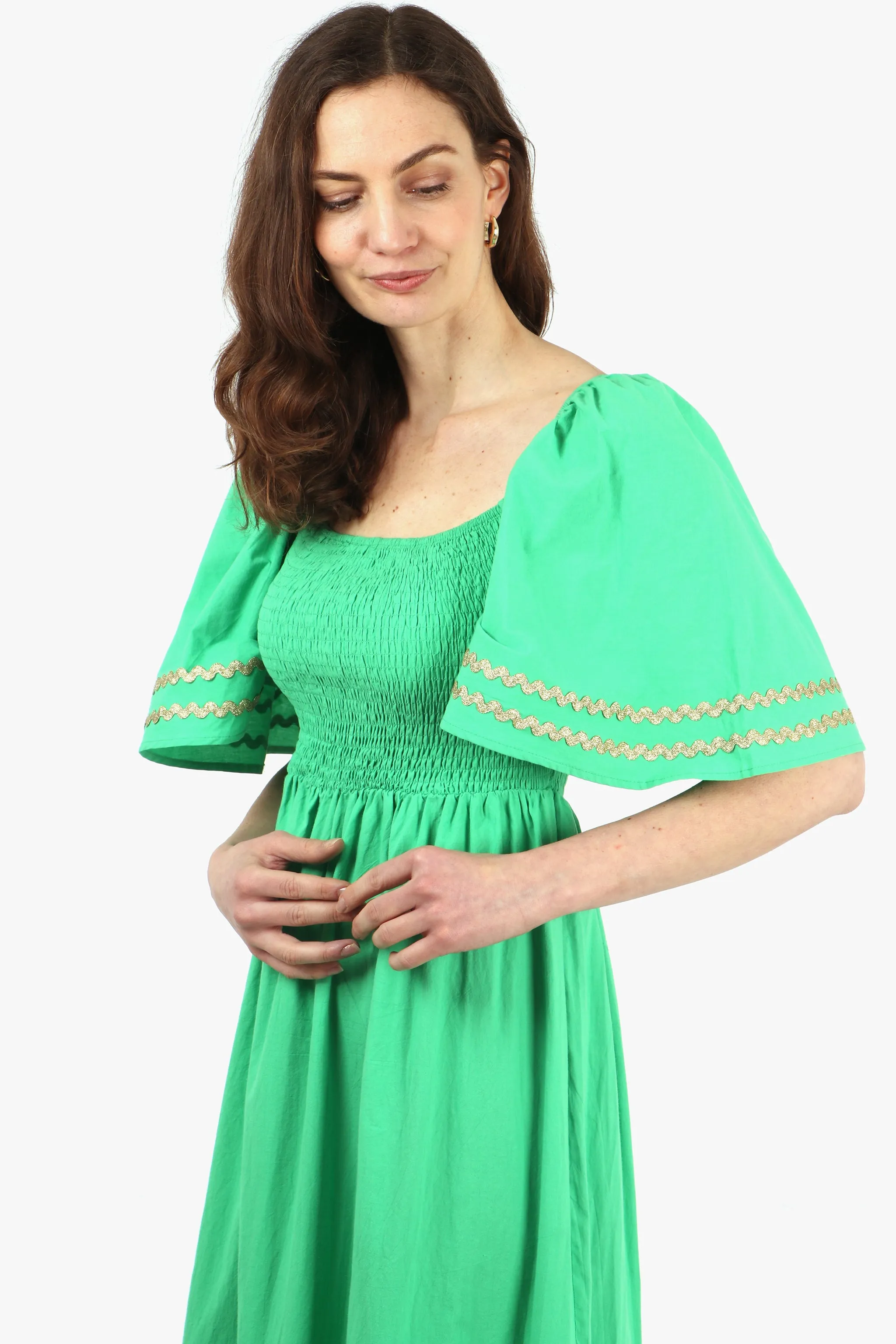 Cotton Milkmaid Shirred Maxi Dress with Trimmed Bell Sleeves in Green