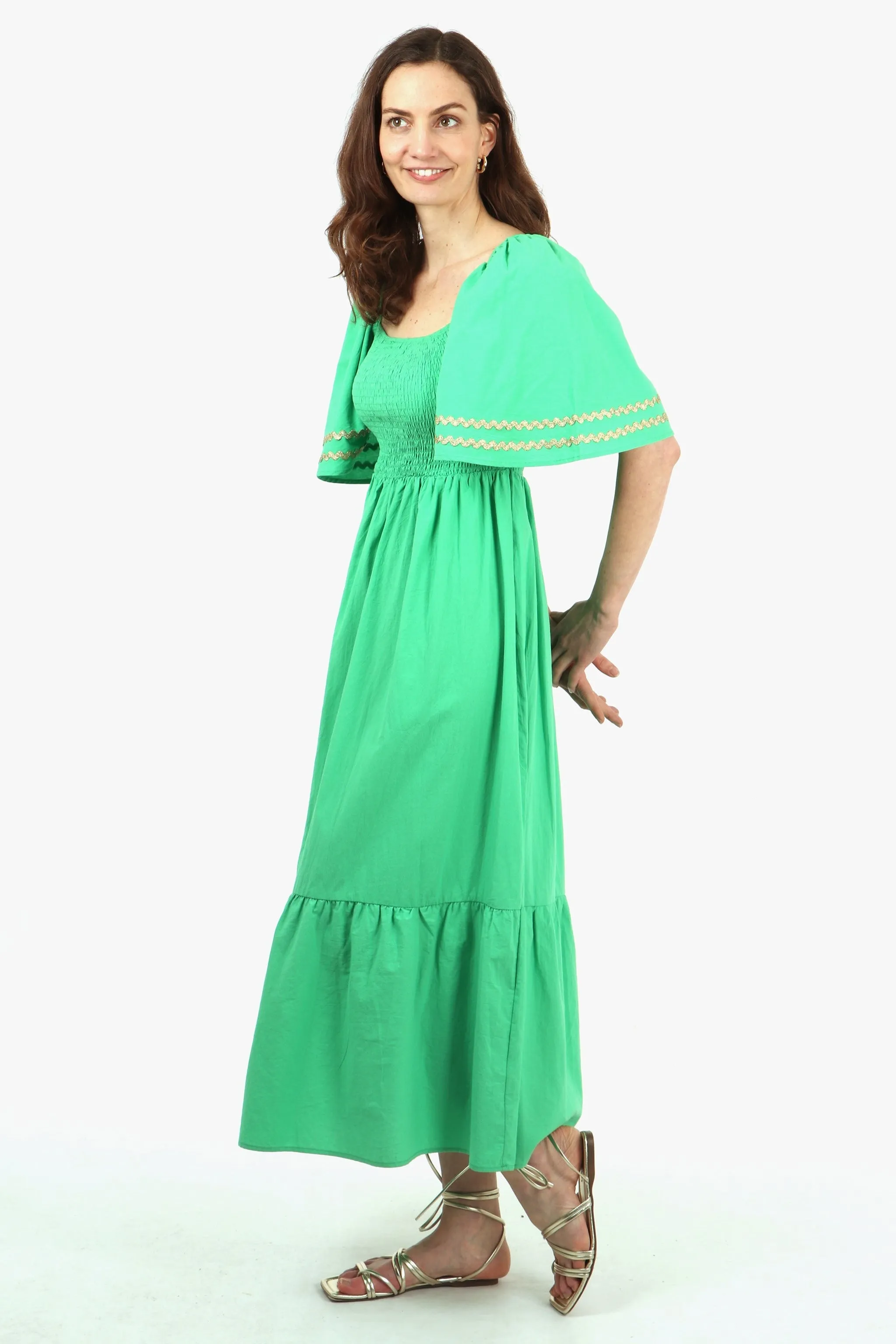 Cotton Milkmaid Shirred Maxi Dress with Trimmed Bell Sleeves in Green
