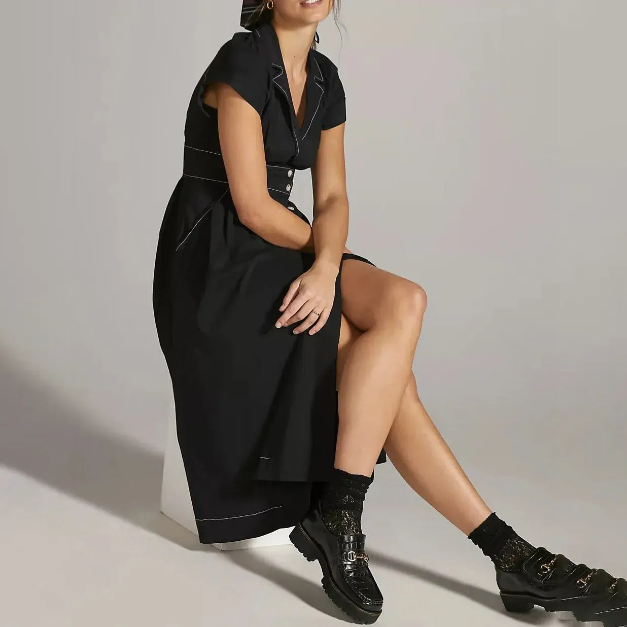 Cotton Poplin Midi Casual Shirt Dress
