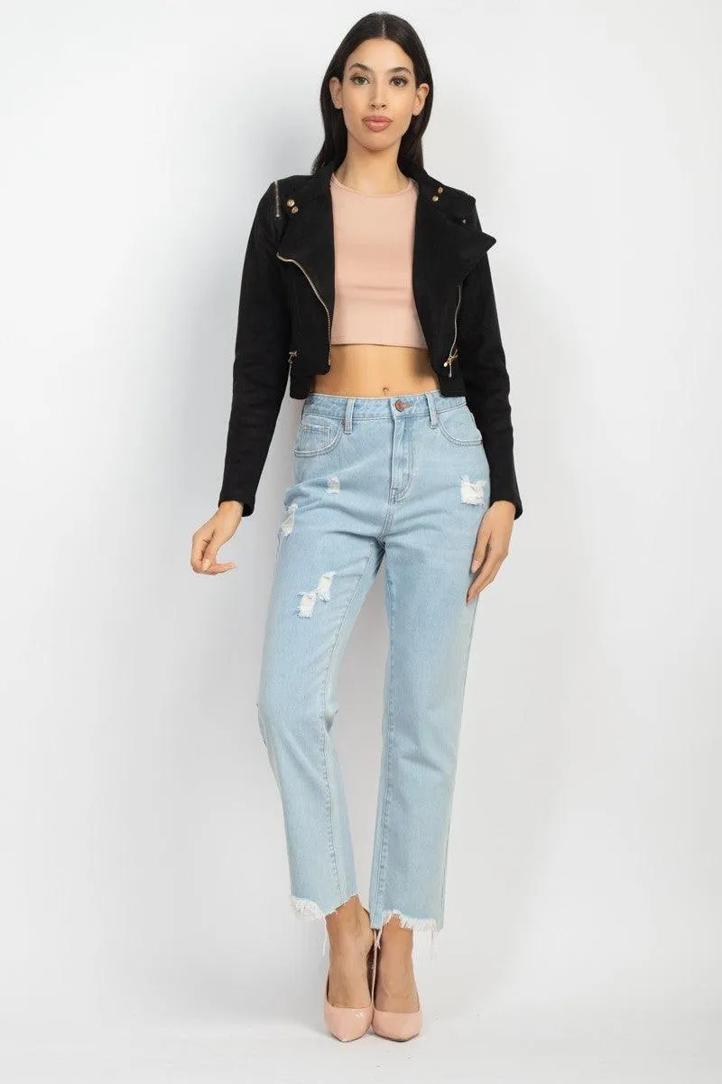 crop faux suede biker jacket