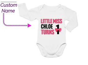 Custom Name Birthday Little Miss Turns 1 Bodysuit Gift for Baby Girls