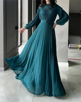 Dark Green Pleated Chiffon Long Sleeve Dress