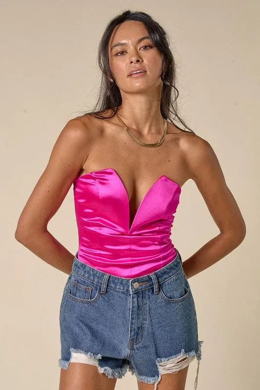 deep plunge v satin strapless bodysuit