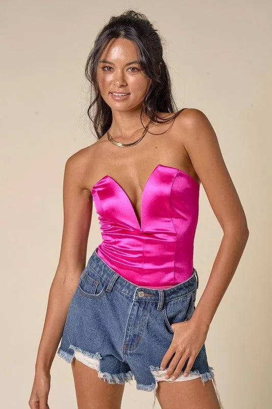 deep plunge v satin strapless bodysuit