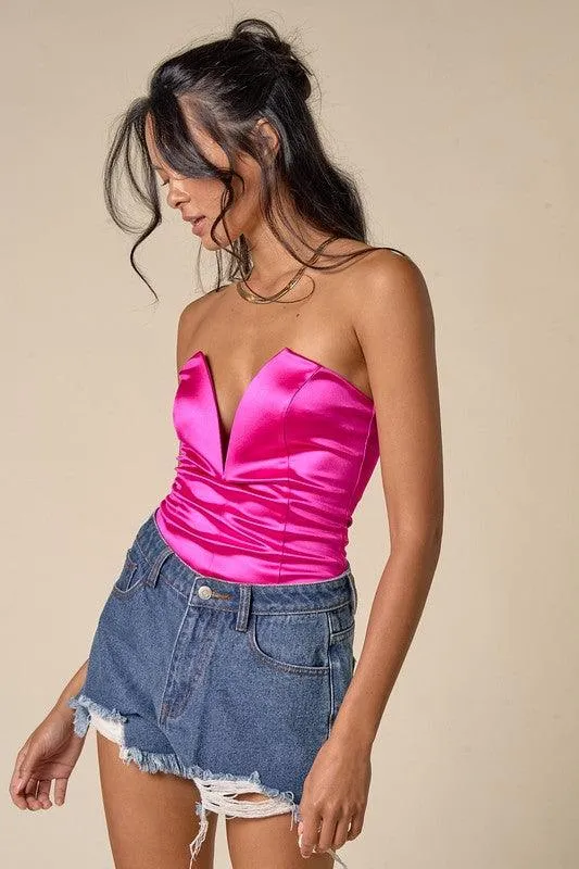 deep plunge v satin strapless bodysuit