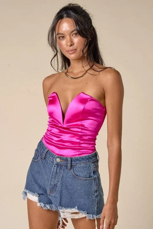 deep plunge v satin strapless bodysuit