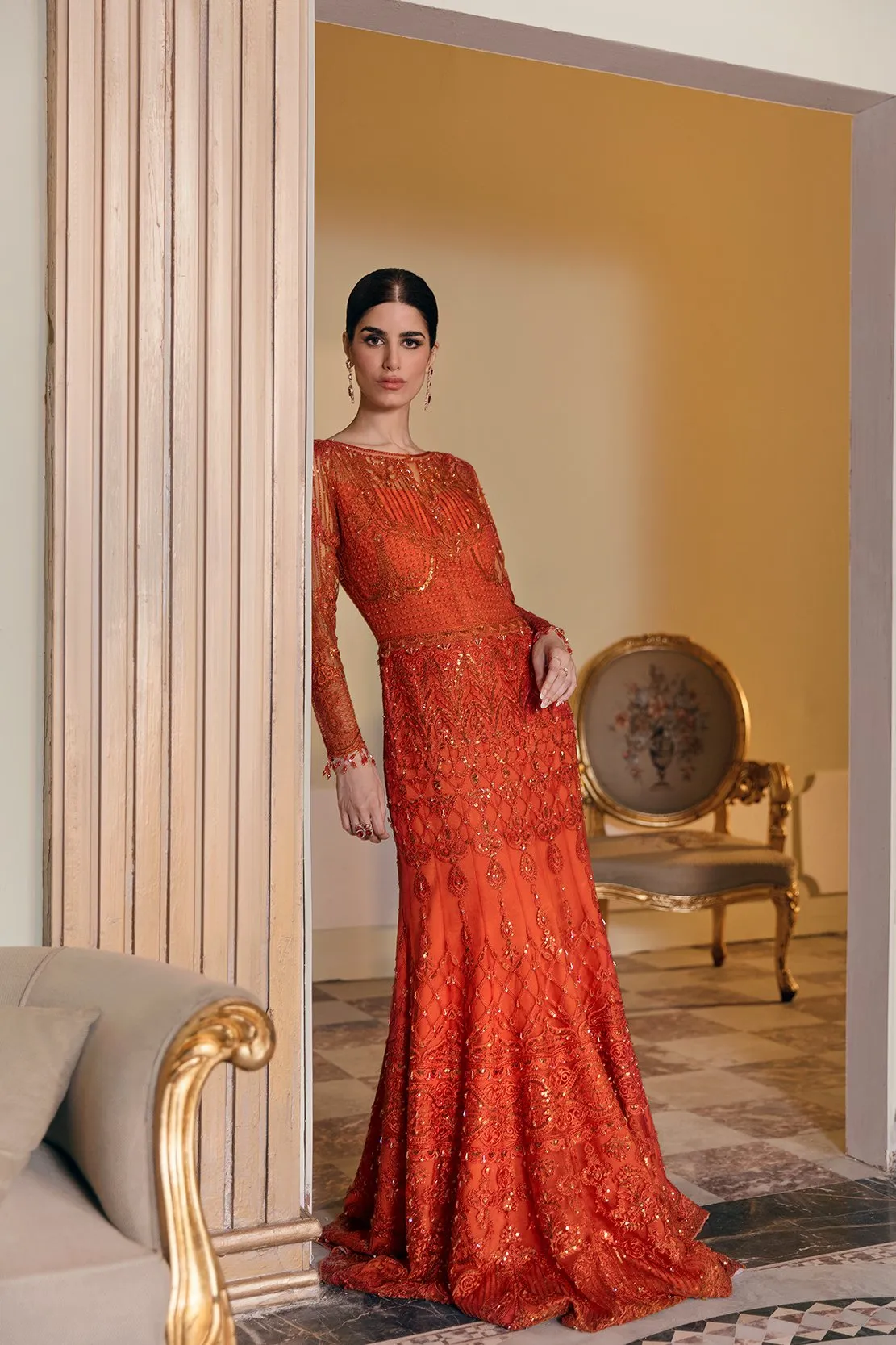 Elegant Pakistani Maxi In Bright Orange Color 2021 #PF149