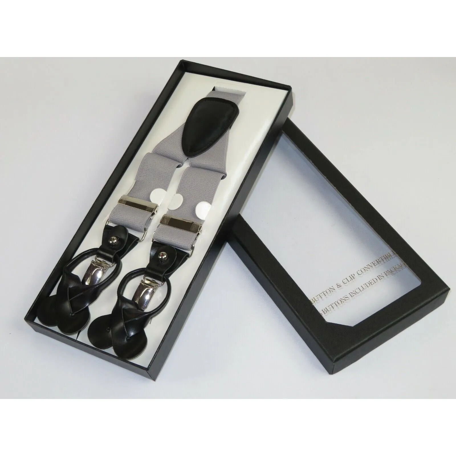 ELEGANT Suspenders Clip on and Button Option for Slacks or Suit Pants Silver