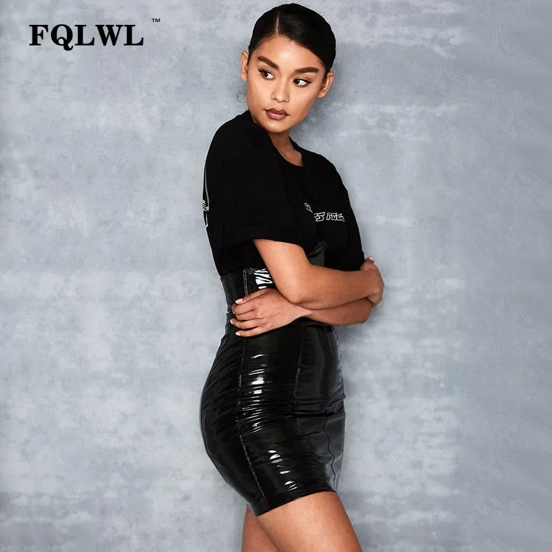 Faxu Latex Pu Leather Skirt For Woman Zipper Black/High Waist/Pencil Skirts Wrap Sexy Mini Skirt