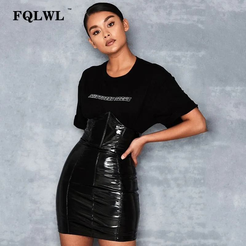 Faxu Latex Pu Leather Skirt For Woman Zipper Black/High Waist/Pencil Skirts Wrap Sexy Mini Skirt